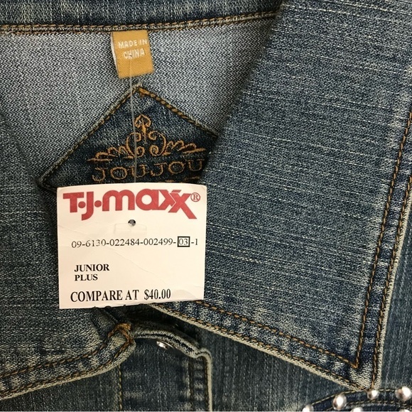 JouJou Jr Plus 2X Womens Denim Studded‎ Distressed Jacket Cropped Pockets Blue - Picture 14 of 16